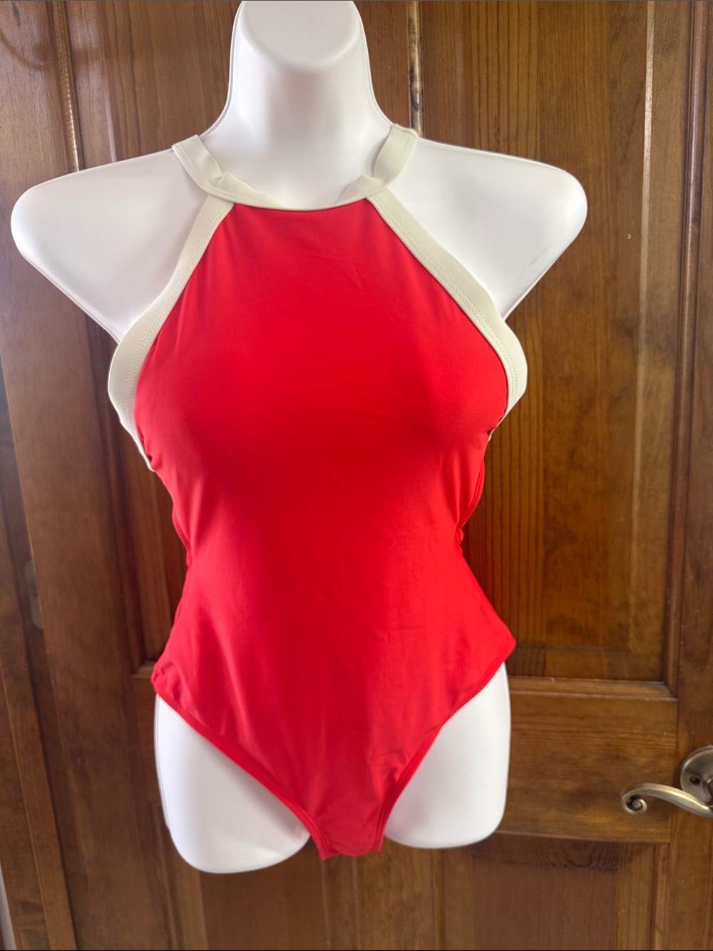 High-Neck Red One-Piece Swimsuit with Cream Trim